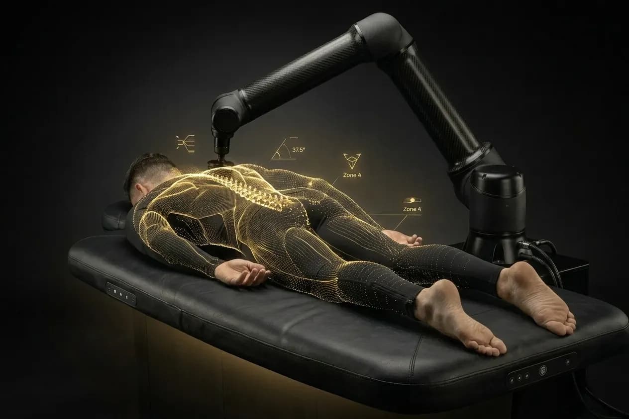Una sovrapposizione dorata di scansione di nuvole di punti 3D che mappa il corpo sul tavolo Self