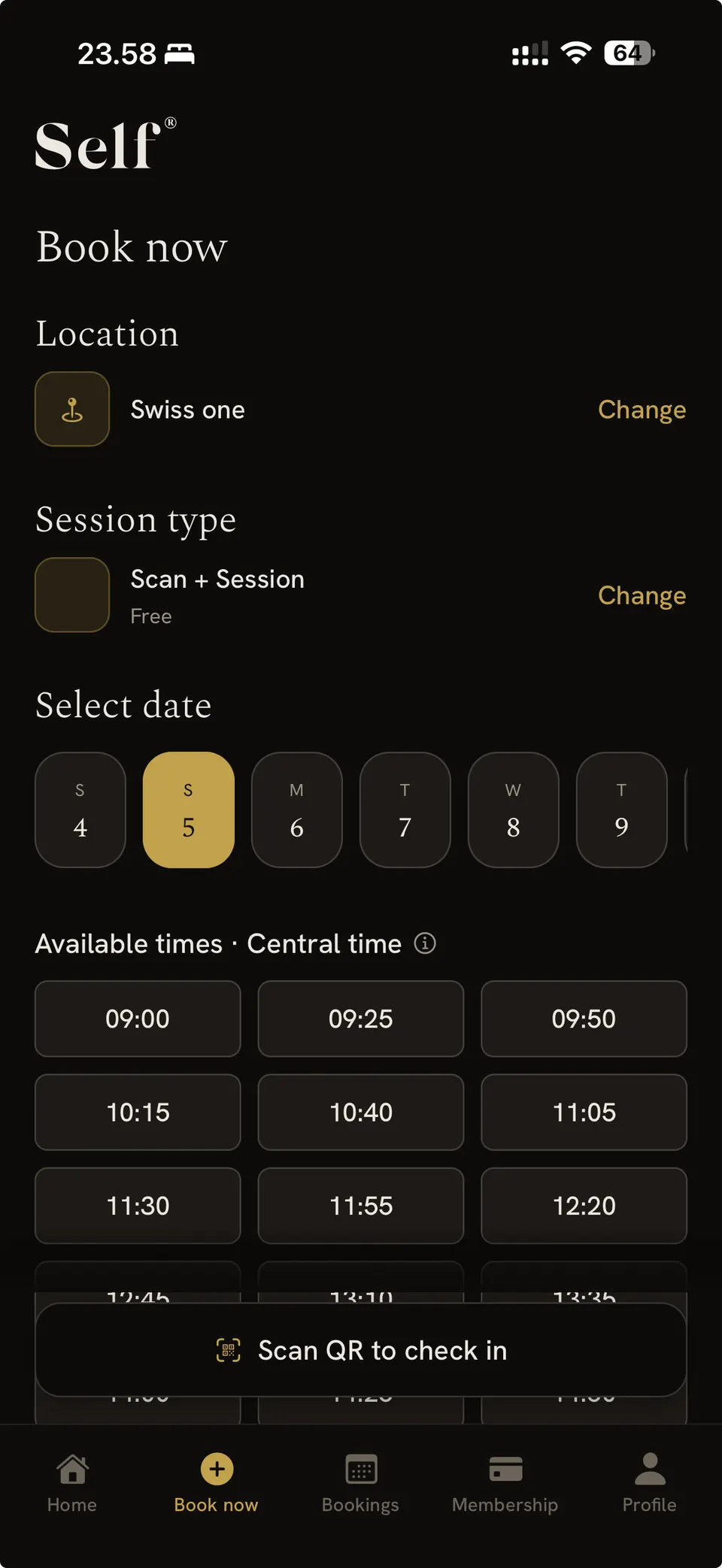 Booking a session in the Self app