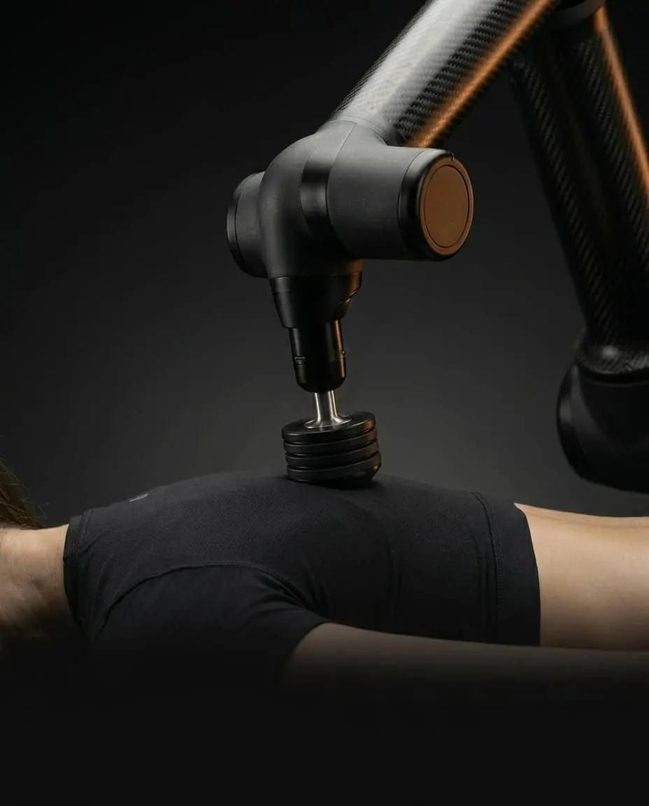 A member mid-session on the Self table in a workplace wellness room