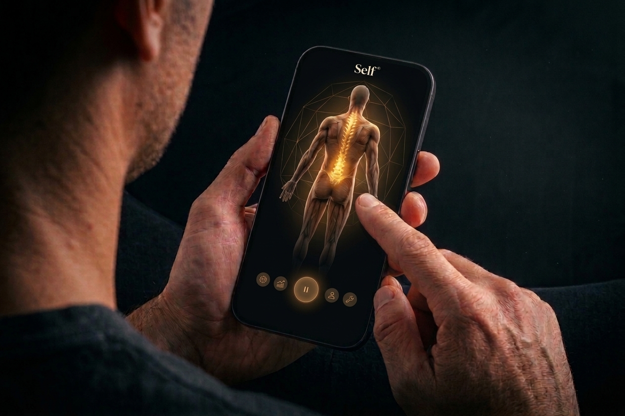 A member guiding their session from the Self app, a live body map glowing on the phone