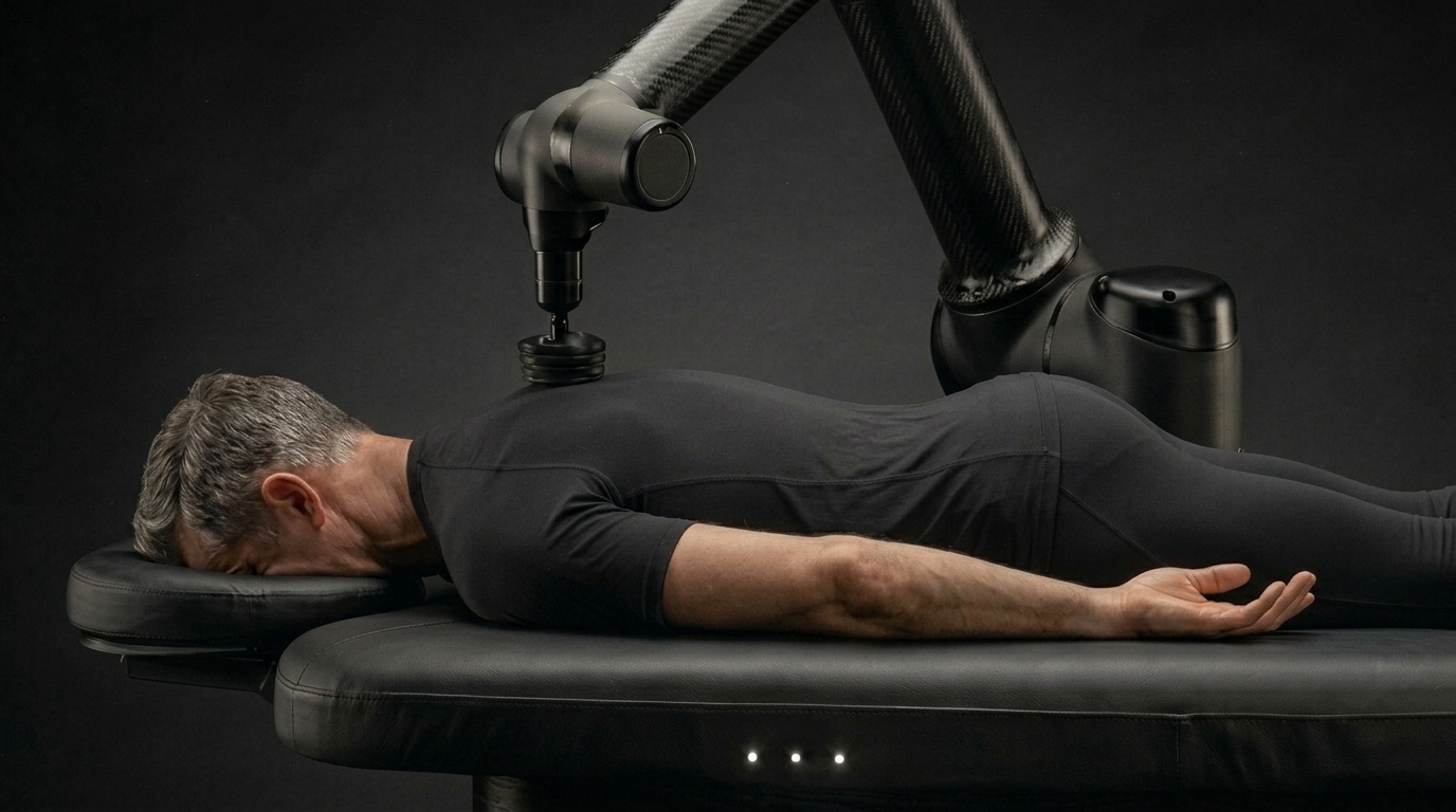 A member lying face-down as the Self arm reaches her upper back