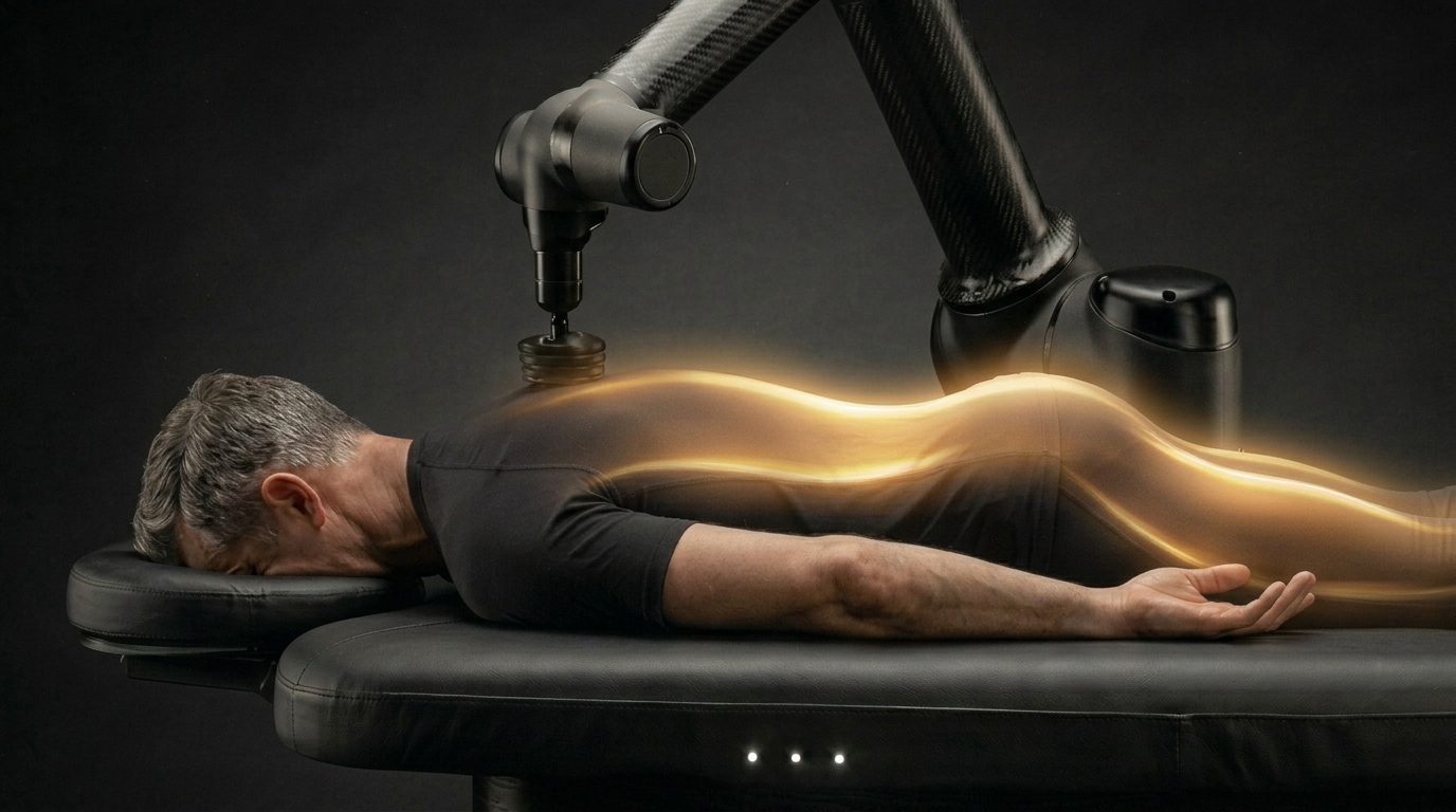 The same session, with the Self AI body-mapping overlay glowing along the spine